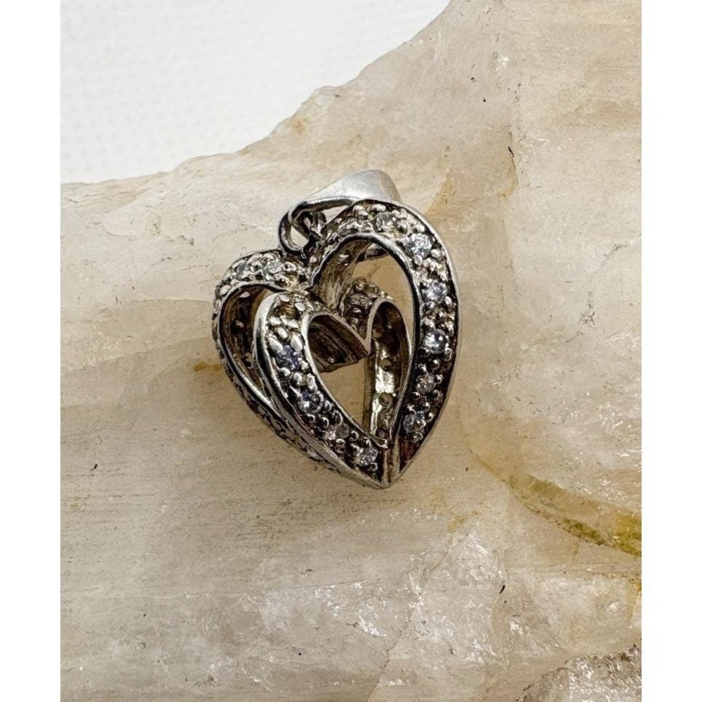 Vintage 925 Sterling Silver Open Double Heart CZ Pendant Romantic Design 2.56g